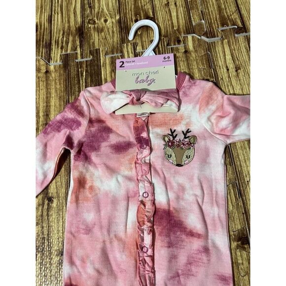 Mon Cheri Baby 2pc Set Pink Footie And Headband Reindeer Theme - Picture 3 of 7